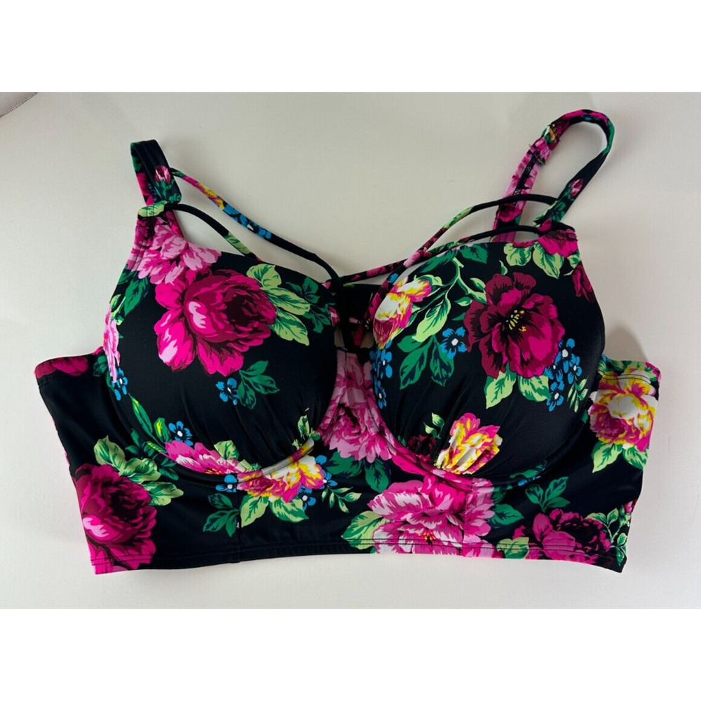 Torrid Underwire Strappy Front Bikini Top Swim Black Pink Floral Size 1 D/DD 1X - Picture 10 of 11